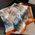 Tropical silk square scarf with hummingbird lily print and vibrant orange border - Yellow Border Rice White (FJ846-1)