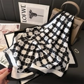 70cm black and white silk square scarf with camellia polka dots draped over a leather bag - Black & White (FJ841-3)