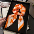 Elegant 70cm silk scarf with orange camellia pattern in luxury gift box display - Orange-Yellow (FJ841-1)