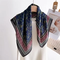 Elegant navy silk square scarf with yellow paisley print and pink striped border - 70*70cm / Dark Blue Yellow Paisley Style (FJ935-7)