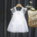 Witte mouwloze tule prinsessenjurk voor meisjes met 3D kant vlinder schouder detail - 80cm / Wit