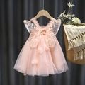 Mouwloze lichtroze tule prinsessenjurk met witte vlindervleugels en bloemen details - 80cm / Roze