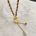 Gold chain necklace with black leather weave, Oui square pendant and white pearl charm - Gold (Titanium Steel Leather Rope Necklace)