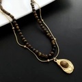Collana vintage a doppio strato in occhio di tigre con ciondolo ovale placcato oro - Set di Collane a Due Pezzi a Strati in Occhio di Tigre