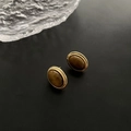 Vintage oval tiger eye stud earrings with a detailed gold metallic textured frame - Oval Tiger Eye Stone Stud Earrings (2-4#25)