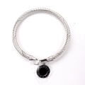 Silver stainless steel cable twisted bangle with a black roman numeral round charm pendant - Silver