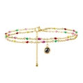 Double-layered gold stainless steel anklet with colorful beads and black gem pendant - Gold (Light Black Zirconia)