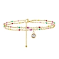 Double-layered gold stainless steel anklet with colorful enamel beads and zircon pendant - Gold (Clear Zirconia)