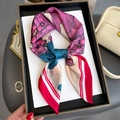 Foulard en soie à imprimé floral violet avec bordure rayée rouge pour femme - 70x70cm / Rose Rouge (FJ822-2)