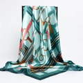 Teal satin square scarf with equestrian patterns featuring belts and chain print - 90x90cm / Malachite green