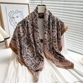 Baroque floral silk scarf with rose print and Greek key border on a white shirt - 90x90cm / Pink