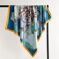Detail of silk satin square scarf with peony print and orange contrast border - 90x90cm / Yellow Edge (FT253-3)