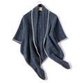 Detailed view of dark blue knitted shawl with beige scalloped crochet lace edges - Navy Blue