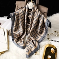 Elegant 70cm silk-like scarf with champagne geometric Greek pattern draped on luxury handbag - Grey (FJ833-4)