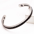 Detail of C-shaped stainless steel bracelet with black chain inlay and dual therapy magnets - Silver Bangle with Black Chain
