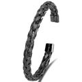 Detailed close-up of a black braided mesh stainless steel C-shape cuff bracelet for men - Black