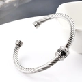 Silver cable wire bangle bracelet with Greek key pattern and decorative black enamel bead - Steel