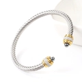 Macro detail of silver cable bangle with gold crystal accents and dark spherical ends - Two-Tone Gold With White Zirconia And Steel Bead