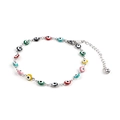 Stainless steel evil eye anklet with colorful 18K gold plated beads and adjustable chain - Silver