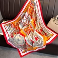Detail of equestrian chain pattern silk scarf on brown leather background with handbag - 90x90cm / Orange Red (FN153-2)