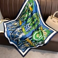 Close-up of luxury 90cm square silk scarf featuring horse chain and heraldic patterns - 90x90cm / Navy Blue (FN153-3)