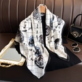 Elegant 90cm camellia print silk scarf with black grid pattern and floral design - White with Black Trim