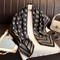 Elegant 90cm geometric pattern twill silk scarf with black and brown square prints - 90x90cm / Black