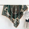 Green baroque geometric silk scarf with vintage leaf patterns and 90cm square drape - 90x90cm / Green