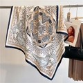 Elegant 90cm geometric pattern square scarf displayed on rack with stylish accessories - 90x90cm / Beige