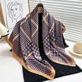 Classic houndstooth silk scarf in brown and blue with elegant satin border detail - 90x90cm / Orange Purple