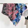Silk-textured square scarf with koi fish and blue peony floral print on black base - 90x90cm / Koi Peony