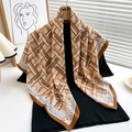 Detail of herringbone silk scarf featuring Lucky Fashion text on elegant beige fabric - 90x90cm / Champagne (FN177-2)