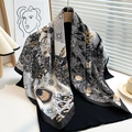 90cm silk square scarf with sunflower and palm leaf print in black and yellow - Black Edge (FN189-4)