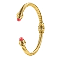18K gold plated cable cuff bracelet with red bead accents and twisted wire texture - Gold-Red Agate