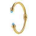 Golden cable twist open cuff bracelet with blue turquoise stone ends and metal ring - Gold-Blue Agate