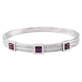 Silver stainless steel bangle featuring square red gems and rows of sparkling white crystals - Steel Purple Zirconia