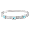 Close-up of square blue stones and pave crystals on silver stainless steel bangle - Steel Blue Zirconia