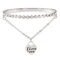 Detailed macro view of silver steel bracelet with zircon inlay and I Love You heart charm - 18K Gold / Steel