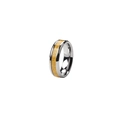 Detail of two-tone stainless steel ring with golden matte inlay and silver polished edges - US 7 / Gold