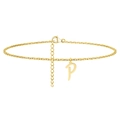 Detailed view of a gold-plated anklet with letter P pendant and adjustable lobster clasp - Letter P