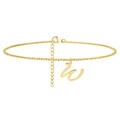 Detail of gold cursive letter W anklet with lobster clasp and adjustable link chain - Letter W