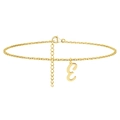 Detail of gold letter E charm on stainless steel anklet with visible 925 silver hallmark - Letter E
