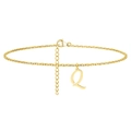 Detail of gold ankle bracelet with hanging letter Q charm and lobster clasp closure - Letter Q