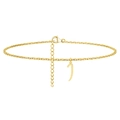 Detailed view of a gold cursive letter J pendant on a polished stainless steel anklet chain - Letter J