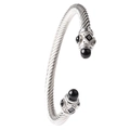 Silver cable twist bangle featuring black gemstones in a vintage stainless steel open design - Steel Color / Black Bead