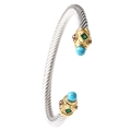 Silver cable wire bangle with gold ends and colorful stones including turquoise and emerald - Two-tone Gold Head / Green Agate Bead
