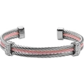 Detail of twisted cable cuff bracelet in silver and pink with sparkling crystal accents - Steel Color-Pink Braided