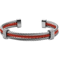 Macro detail of silver steel cable bracelet with red center stripe and zircon accents - Steel Color-Red Braided