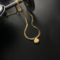 Golden titanium steel snake chain necklace with Good Luck engraved round pendant - Round Plate Letter Necklace (04-E1) Gold