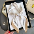 Maze print square silk scarf with light coffee stripes and flower letters in a gift box - 70x70cm / Champagne